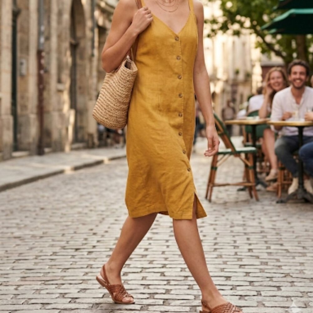 bp Mustard Button-Front Midi Dress